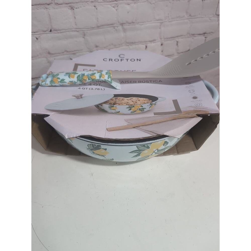 New CROFTON Farmhouse Cast Iron Braiser Lemon Print & Matching Spatula